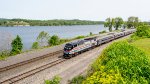 AMTK 708 leads NYC-bound Empire Service train through Stuyvesant, NY along the Hudson River